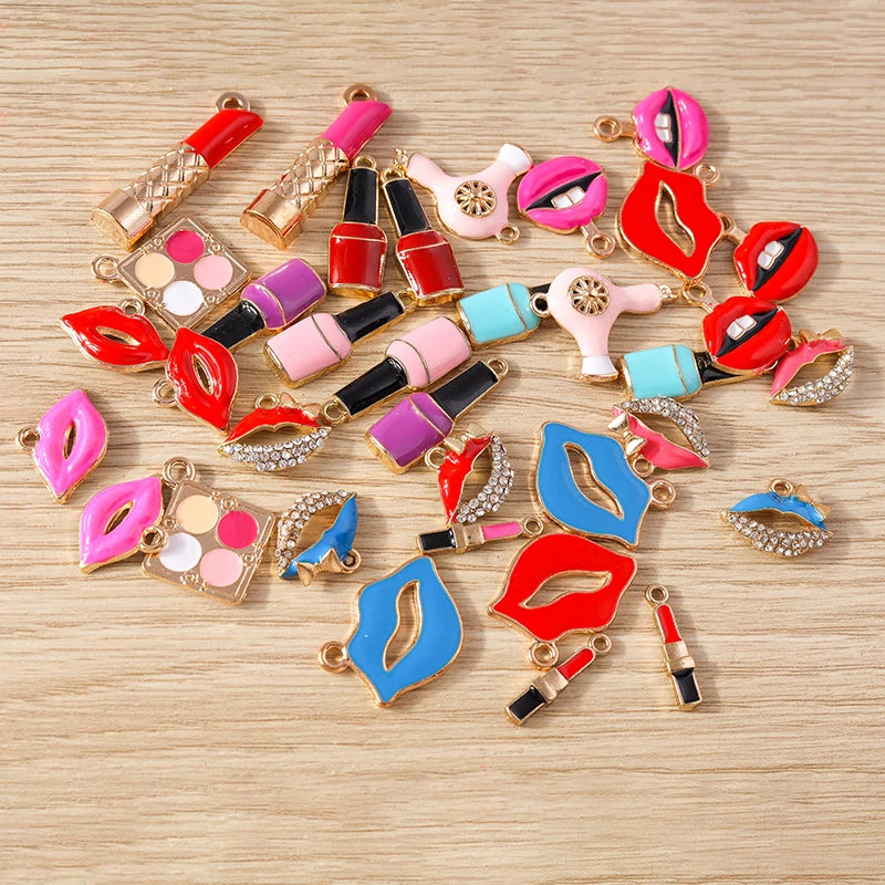 10pcs Mix Cute Enamel Women Lips Lipstick Charms Pendants for Jewelry Making Earrings Necklace Bracelets DIY Crafts Supplies