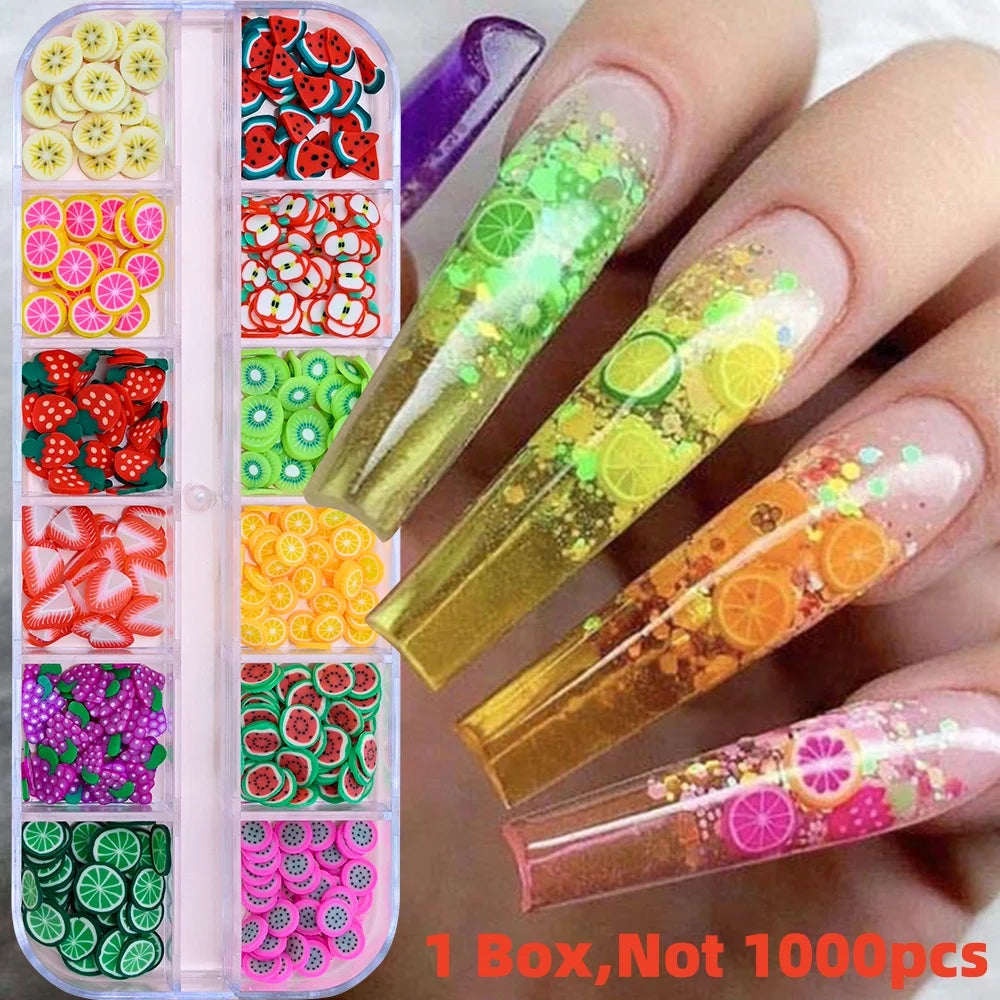 1000pcs Mixed 3D Fruit Slices Nail Charms Polymer Clay DIY Designs Slice Lemon Nail Art Decor Soft Clay Polish Manicure Supplies