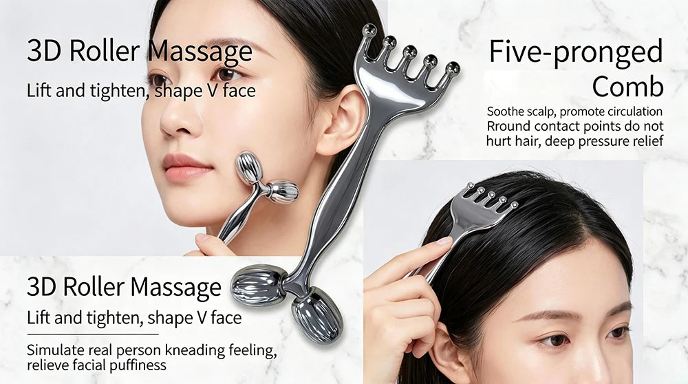 3D Facial Roller & Gua Sha Tool Stainless Steel Massage Roller For Face Eyes Chin Lift Tightening Skin Sculpting Beauty Tools